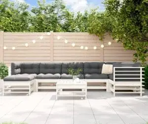 vidaXL Set mobilier de grădină cu perne, 8 piese, alb, lemn masiv