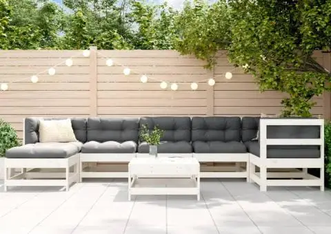 Set mobilier de grădină cu perne, 8 piese, alb, lemn masiv - 1/5