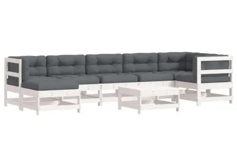 Set mobilier de grădină cu perne, 8 piese, alb, lemn masiv - 2/5