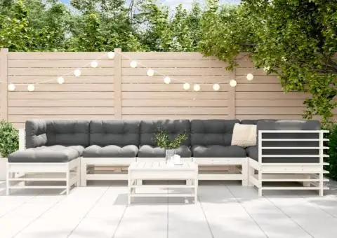 Set mobilier de grădină cu perne, 8 piese, alb, lemn masiv - 1/5