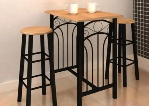 Set masă și scaune de bar, 3 piese, lemn și oțel - 1/5