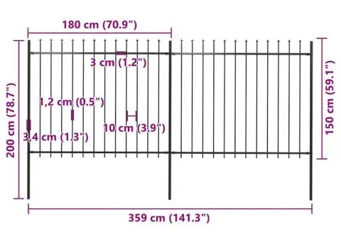 Gard de grădină cu vârf suliță, negru, 3,4 m, oțel - 5/5