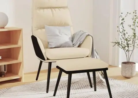 Scaun de relaxare cu taburet, crem, textil și piele ecologică - 1/5