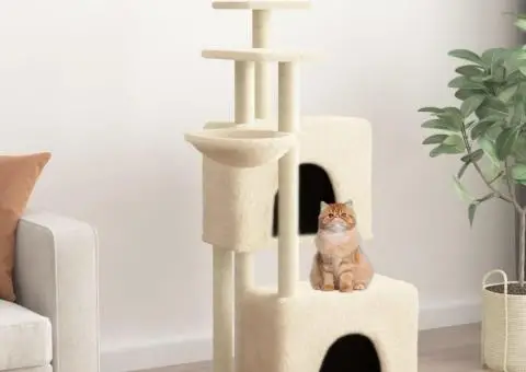 Ansamblu de pisici cu stâlpi din funie de sisal, crem, 122 cm - 1/5