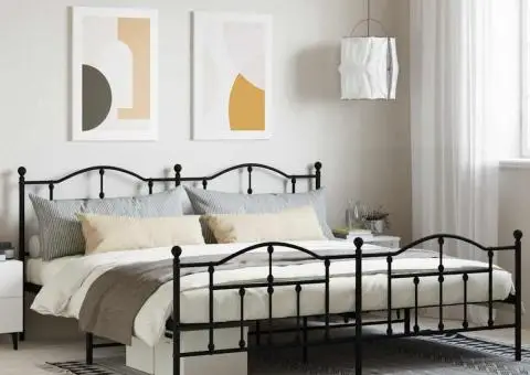 Cadru pat metalic cu tăblii de cap/picioare, negru, 200x200 cm - 1/5