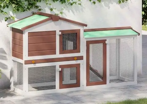 Cușcă mare exterior pt. iepuri, maro și alb, 145x45x84 cm, lemn - 1/5