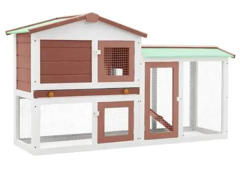 Cușcă mare exterior pt. iepuri, maro și alb, 145x45x84 cm, lemn - 2/5