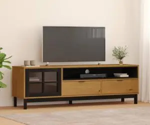 vidaXL Comodă TV cu ușă din sticlă „FLAM” 158x40x50 cm, lemn masiv pin