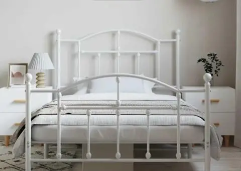 Cadru de pat metalic cu tăblie de cap/picioare, alb, 100x190 cm - 4/5