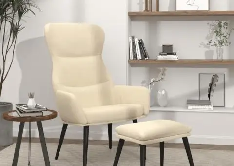 Scaun de relaxare cu taburet, crem, textil - 1/5