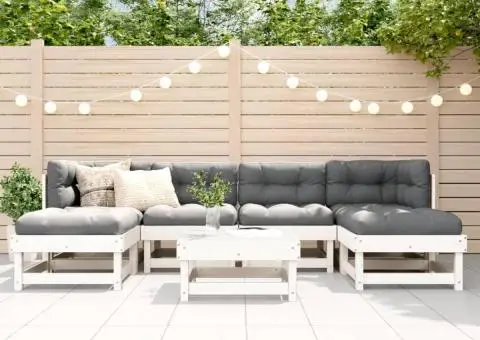 Set mobilier de grădină cu perne, 7 piese, alb, lemn masiv - 1/5