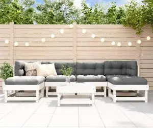 vidaXL Set mobilier de grădină cu perne, 7 piese, alb, lemn masiv