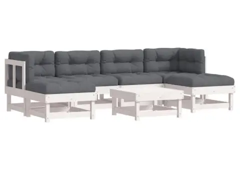 Set mobilier de grădină cu perne, 7 piese, alb, lemn masiv - 2/5