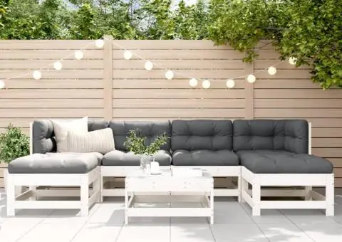 Set mobilier de grădină cu perne, 7 piese, alb, lemn masiv - 1/5