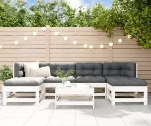 vidaXL Set mobilier de grădină cu perne, 7 piese, alb, lemn masiv