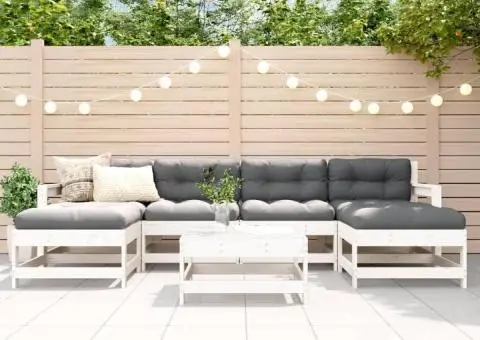 Set mobilier de grădină cu perne, 7 piese, alb, lemn masiv - 1/5