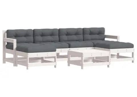 Set mobilier de grădină cu perne, 7 piese, alb, lemn masiv - 2/5