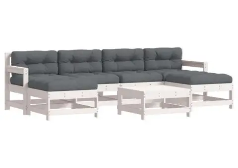 Set mobilier de grădină cu perne, 7 piese, alb, lemn masiv - 2/5