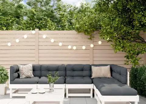 Set mobilier de grădină cu perne, 7 piese, alb, lemn masiv - 1/5