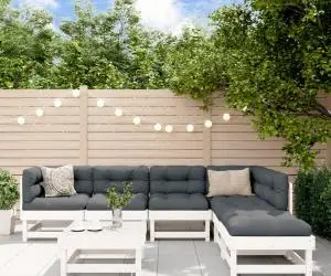 vidaXL Set mobilier de grădină cu perne, 7 piese, alb, lemn masiv