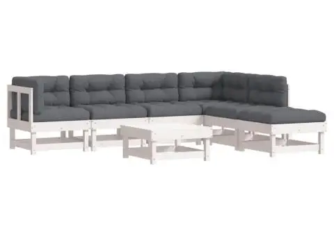 Set mobilier de grădină cu perne, 7 piese, alb, lemn masiv - 2/5