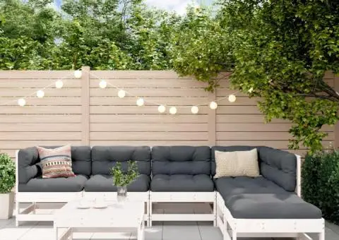 Set mobilier de grădină cu perne, 7 piese, alb, lemn masiv - 1/5