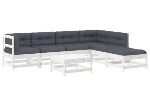 Set mobilier de grădină cu perne, 7 piese, alb, lemn masiv - 2/5