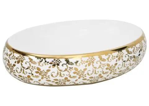 Lavoar de blat, alb și auriu, 59x40x15 cm, ceramică, oval - 2/5