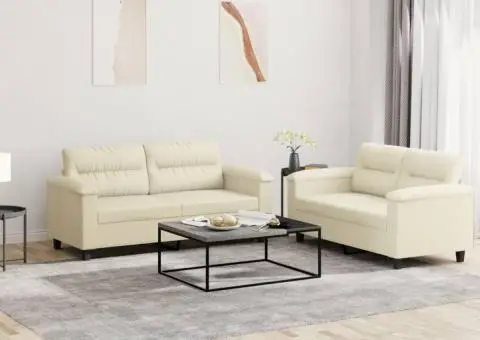 Set de canapele cu perne, 2 piese, crem, piele ecologică - 1/5