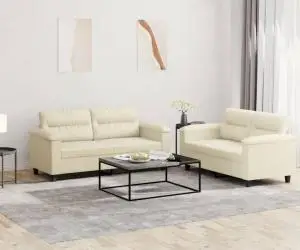vidaXL Set de canapele cu perne, 2 piese, crem, piele ecologică