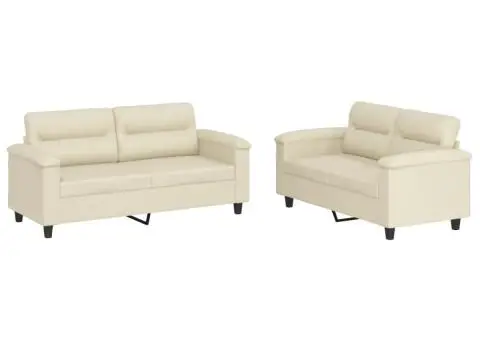 Set de canapele cu perne, 2 piese, crem, piele ecologică - 2/5