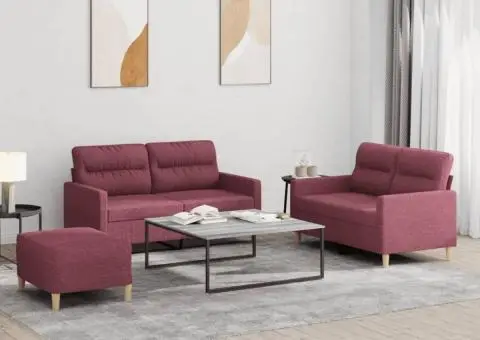Set canapea cu perne, 3 piese, roșu vin, material textil - 1/5