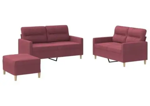 Set canapea cu perne, 3 piese, roșu vin, material textil - 2/5