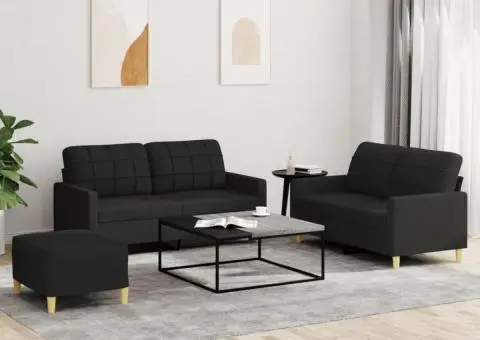Set de canapele cu perne, 3 piese, negru, textil - 1/5