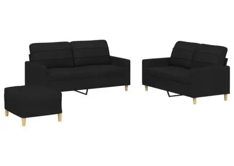 Set de canapele cu perne, 3 piese, negru, textil - 2/5