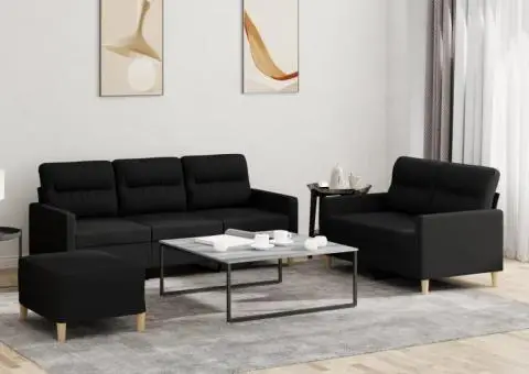 Set de canapele cu perne, 3 piese, negru, textil - 1/5