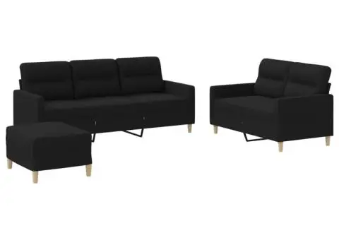 Set de canapele cu perne, 3 piese, negru, textil - 2/5