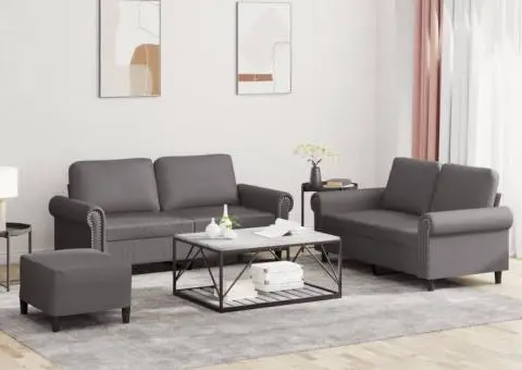 Set de canapele cu perne, 3 piese, gri, piele ecologică - 1/5