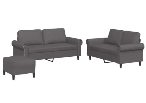 Set de canapele cu perne, 3 piese, gri, piele ecologică - 2/5