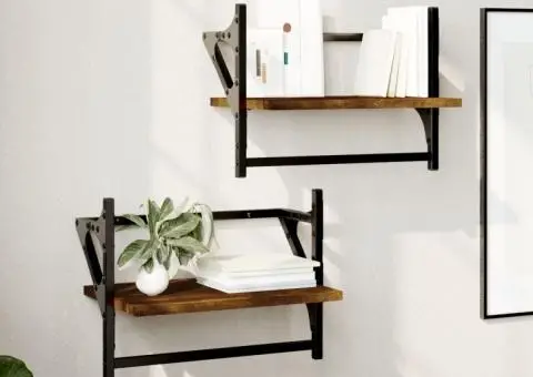 Rafturi de perete cu bare 2 buc., stejar fumuriu, 40x25x30 cm - 1/5