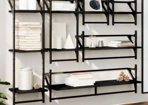 Set rafturi de perete cu bare, 6 buc., negru, lemn - 1/5