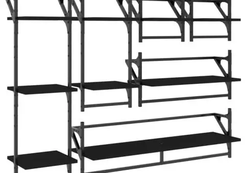 Set rafturi de perete cu bare, 6 buc., negru, lemn - 2/5