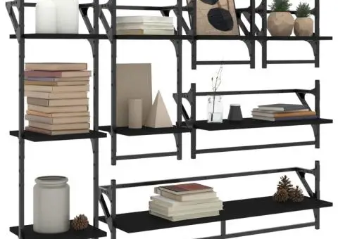 Set rafturi de perete cu bare, 6 buc., negru, lemn - 3/5