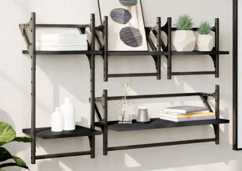 Set rafturi perete cu bare, 4 buc. negru lemn prelucrat - 1/5