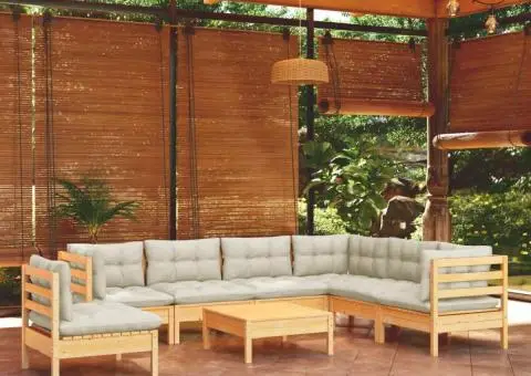 Set mobilier de grădină cu perne crem, 8 piese, lemn masiv pin - 1/5
