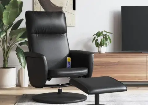 Fotoliu de masaj rabatabil cu taburet, negru, piele ecologică - 1/5