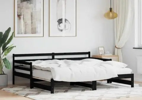 Pat de zi cu extensie, negru, 80x200 cm, lemn masiv de pin - 1/5