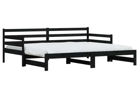 Pat de zi cu extensie, negru, 80x200 cm, lemn masiv de pin - 2/5
