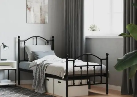 Cadru pat metalic cu tăblii de cap/picioare, negru, 75x190 cm - 1/5