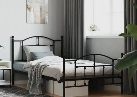 Cadru pat metalic cu tăblii de cap/picioare, negru, 107x203 cm - 1/5